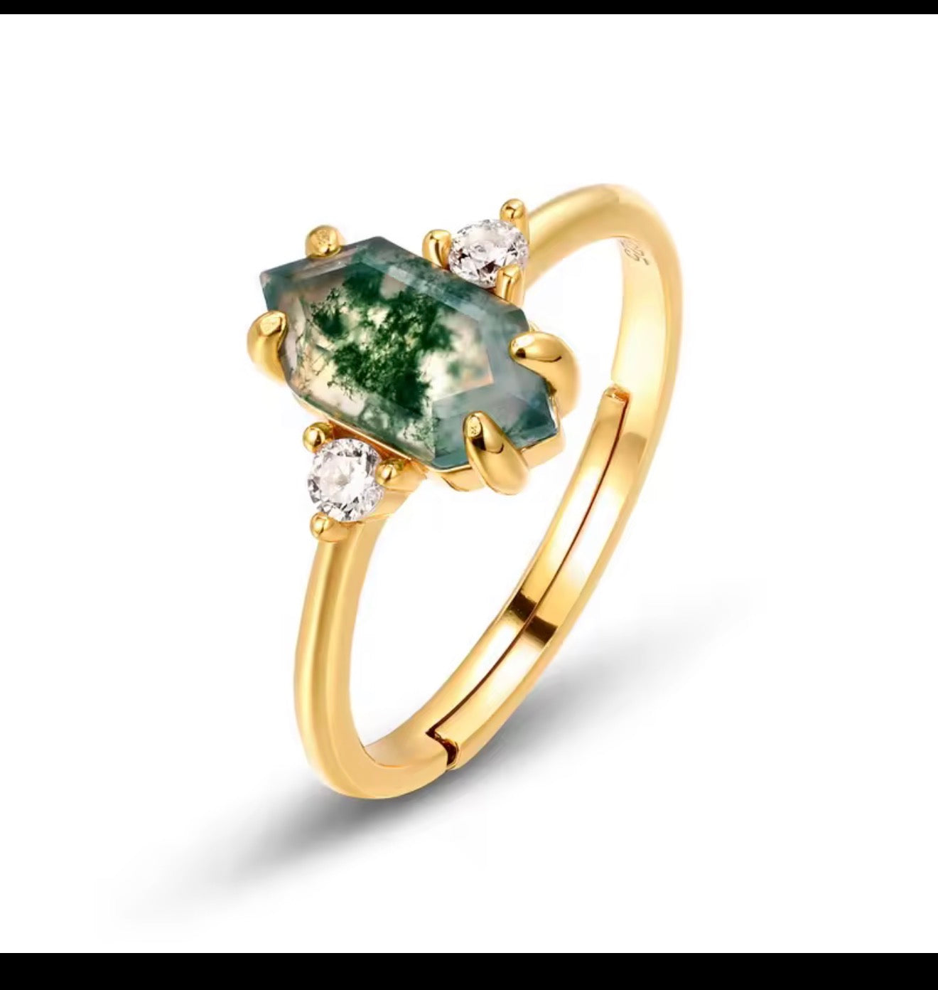925 Silver Jewelry Retro Gemstone Ring Gold Plated
Hexagon Shape Natural Green Moss Agate Ring