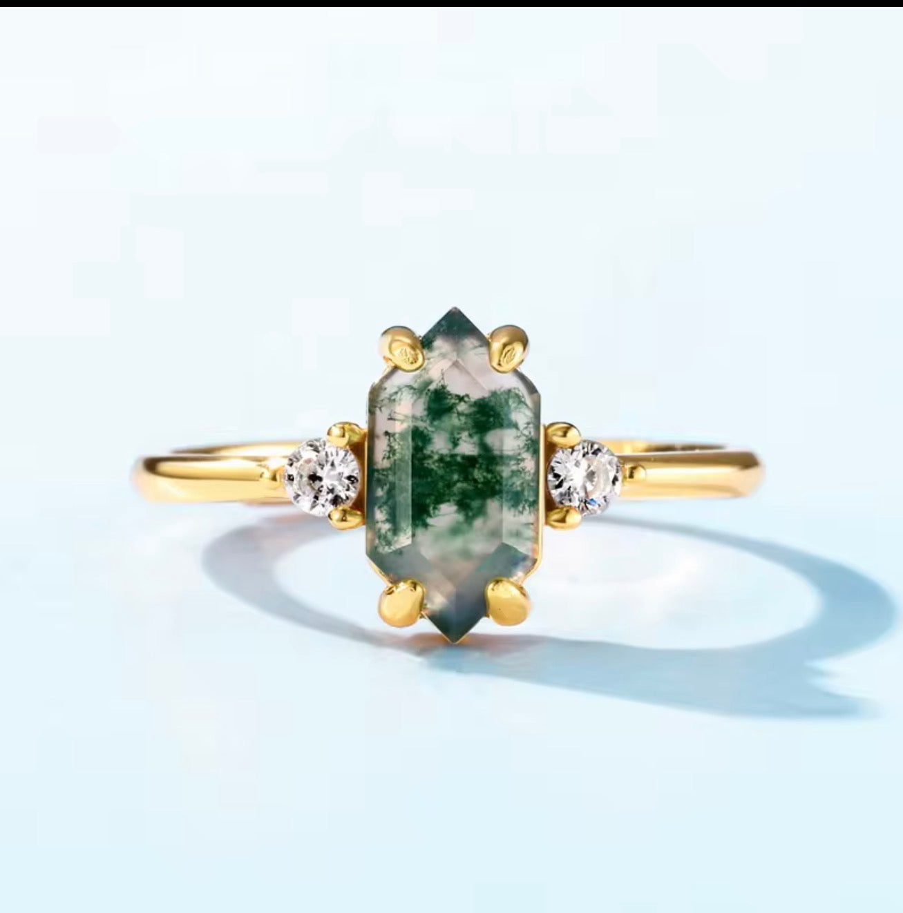 925 Silver Jewelry Retro Gemstone Ring Gold Plated
Hexagon Shape Natural Green Moss Agate Ring