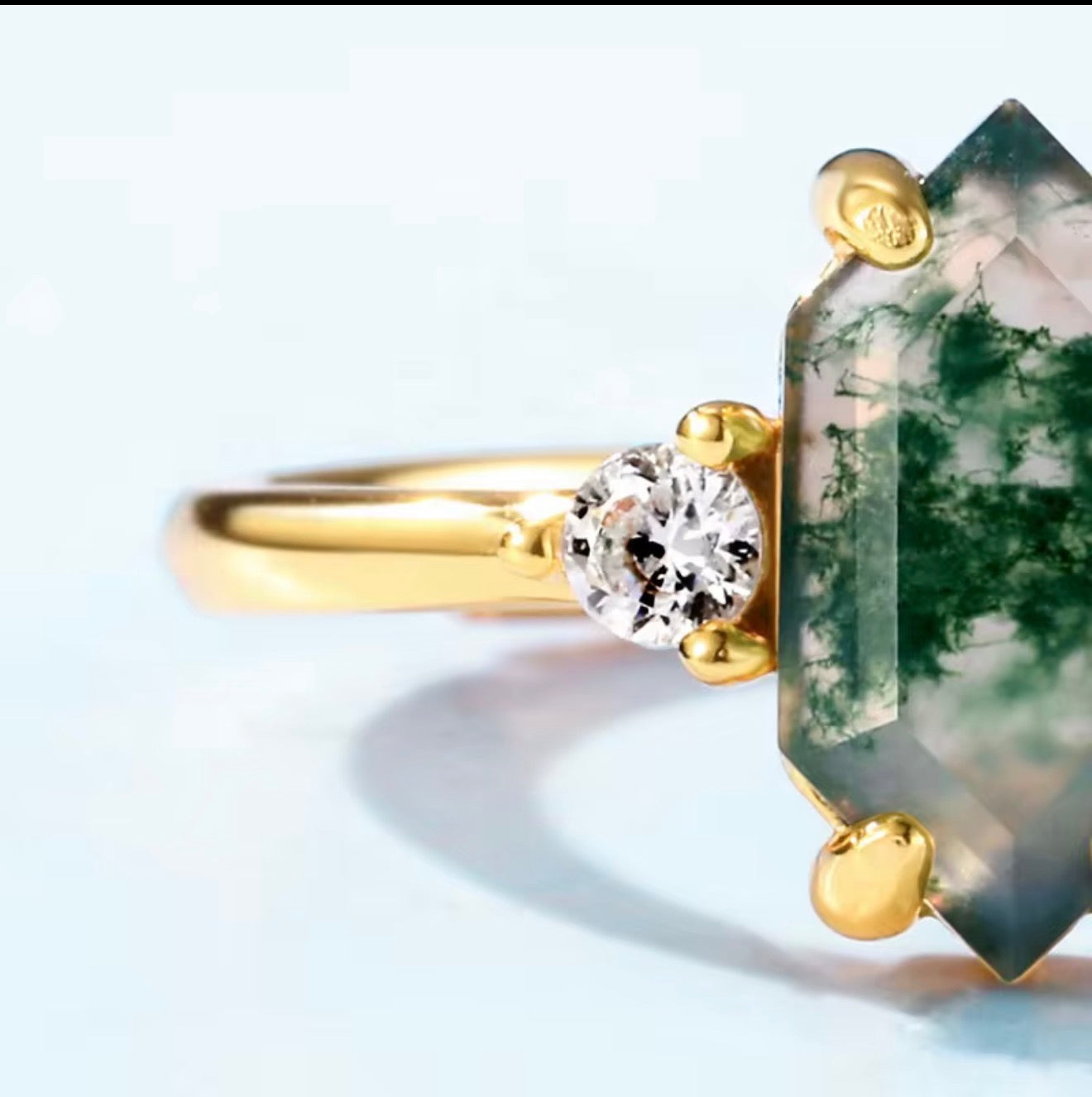 925 Silver Jewelry Retro Gemstone Ring Gold Plated
Hexagon Shape Natural Green Moss Agate Ring