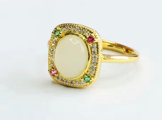 Square Vintage High Quality Hetian Jade Rings, Gold Plated Zircon Ring