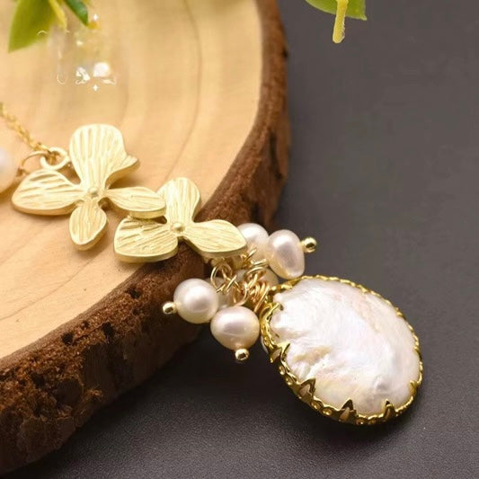 Natural Pearl Sweater Necklace .  Handmade Vintage 18k Gold-Plated Long Necklace Fine Jewelry
