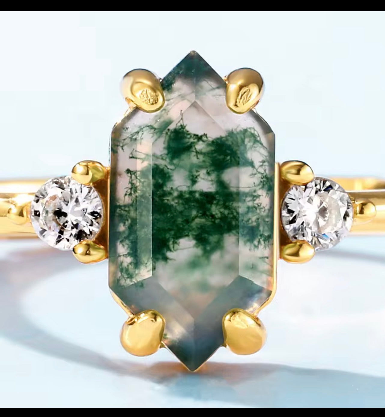 925 Silver Jewelry Retro Gemstone Ring Gold Plated
Hexagon Shape Natural Green Moss Agate Ring