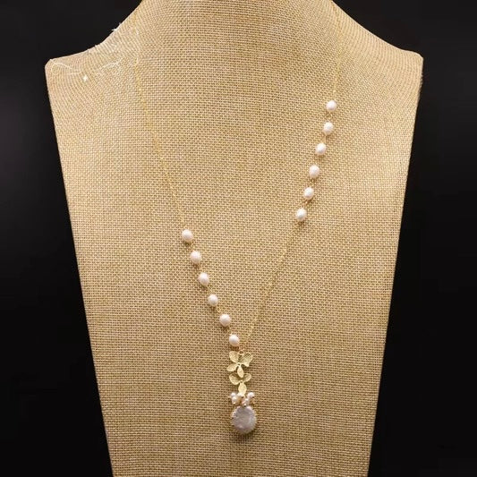 Natural Pearl Sweater Necklace .  Handmade Vintage 18k Gold-Plated Long Necklace Fine Jewelry