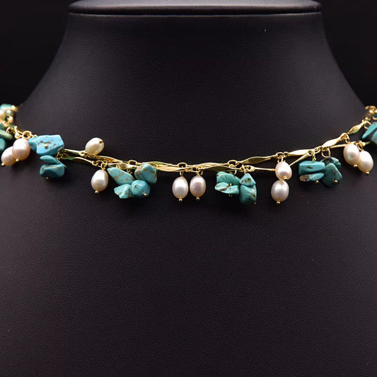 Handcrafted   turquoise chips & Freshwater Pearl Station Necklace in 18K Gold Plated Chain