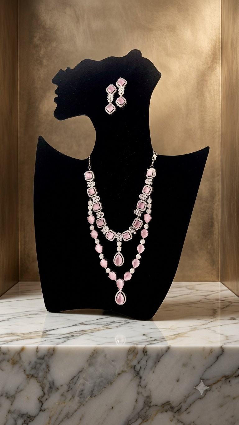 Pink Cat’s Eye Statement Necklace & Earrings Set