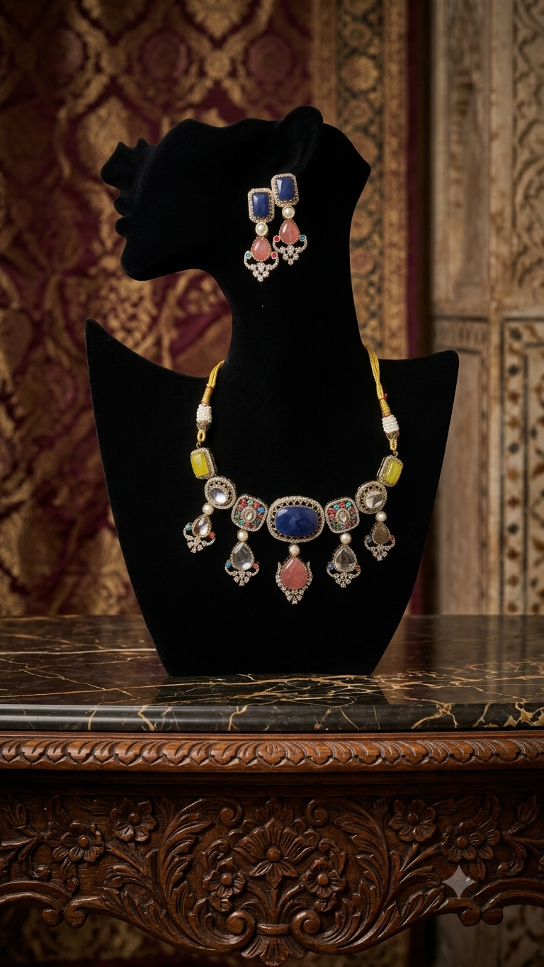 Ethnic Statement Necklace & Earring Set.                  Blue, Pink , Green