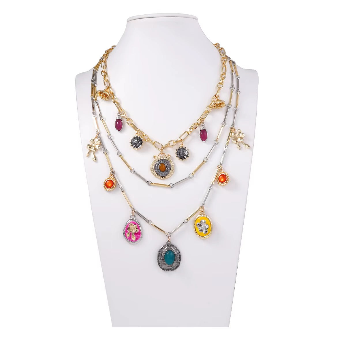 Vintage-Inspired Geometric Multi-Layer Statement Necklace