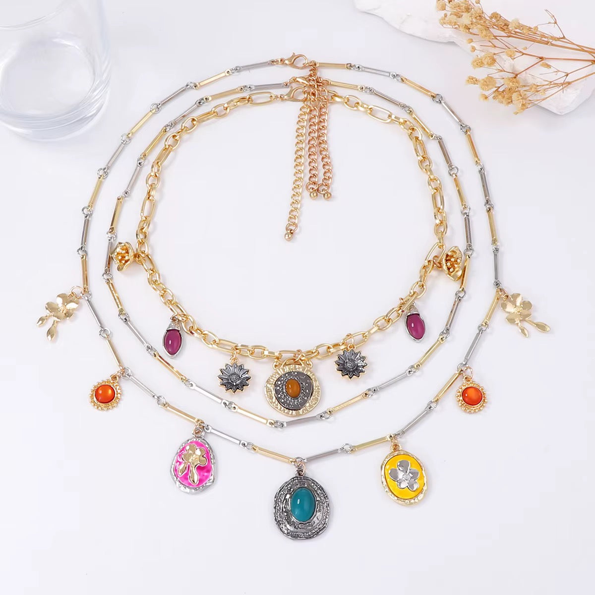 Vintage-Inspired Geometric Multi-Layer Statement Necklace