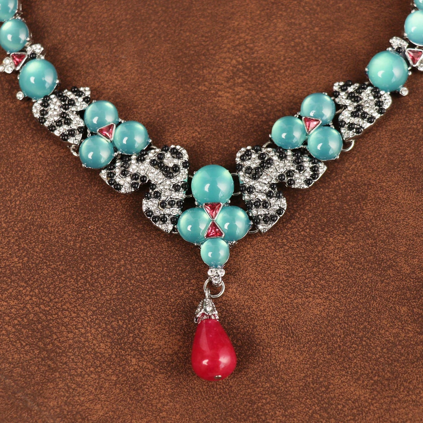 Turquoise Beaded Necklace with Red Vintage Drop Pendant