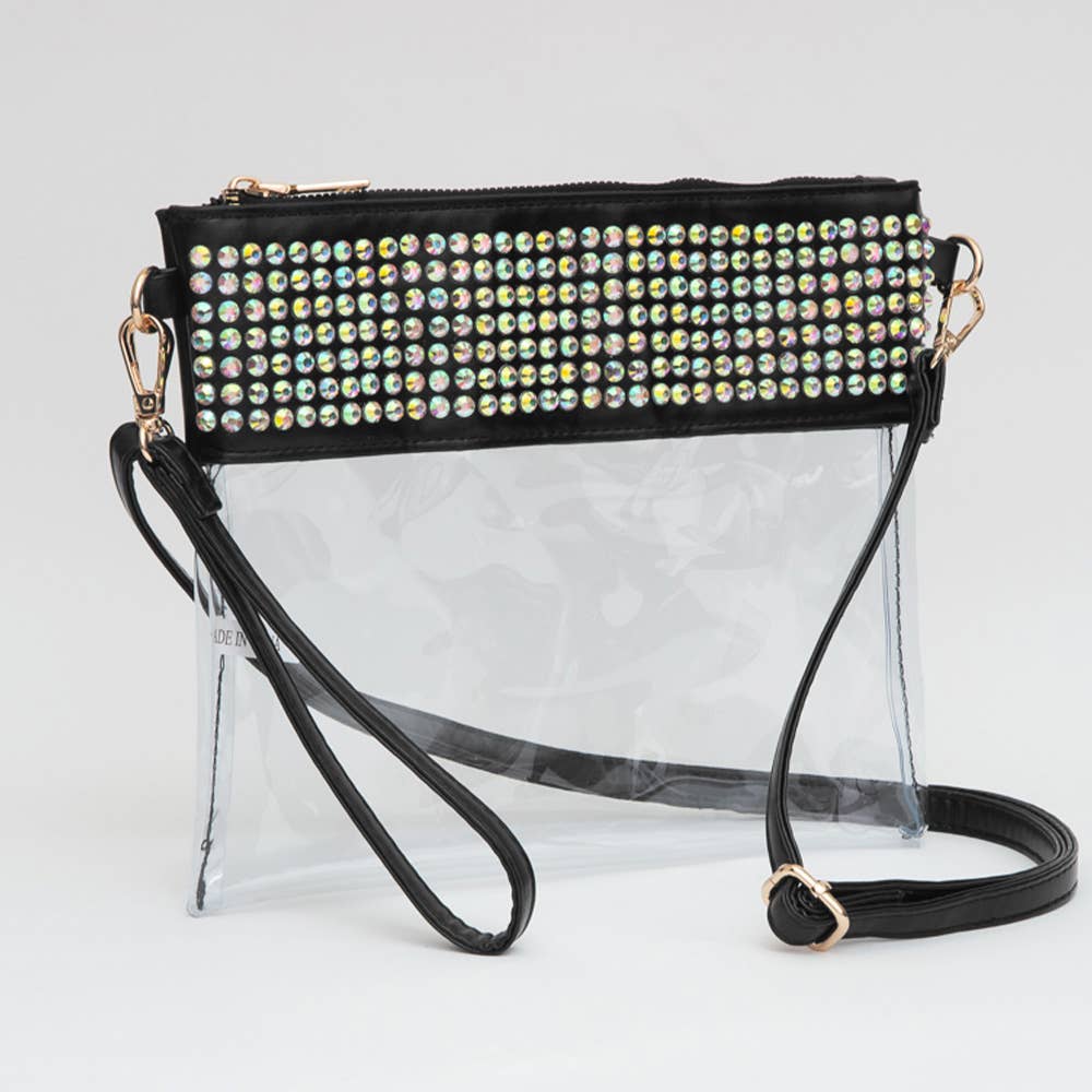 Bling Studded Flat Transparent Crossbody Bag with Wristlet
: Black