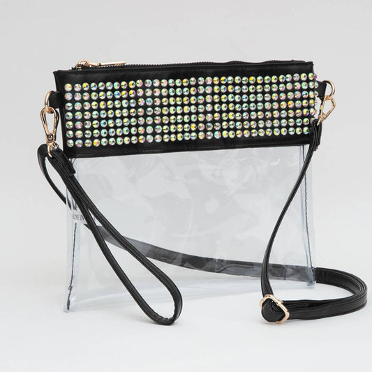 Bling Studded Flat Transparent Crossbody Bag with Wristlet
: Black