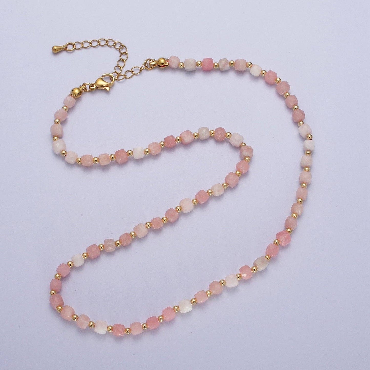 16 Inch Natural Pink Opal Multifaceted Cube Gemstone w. Gold Bead Choker Necklace | WA-1444