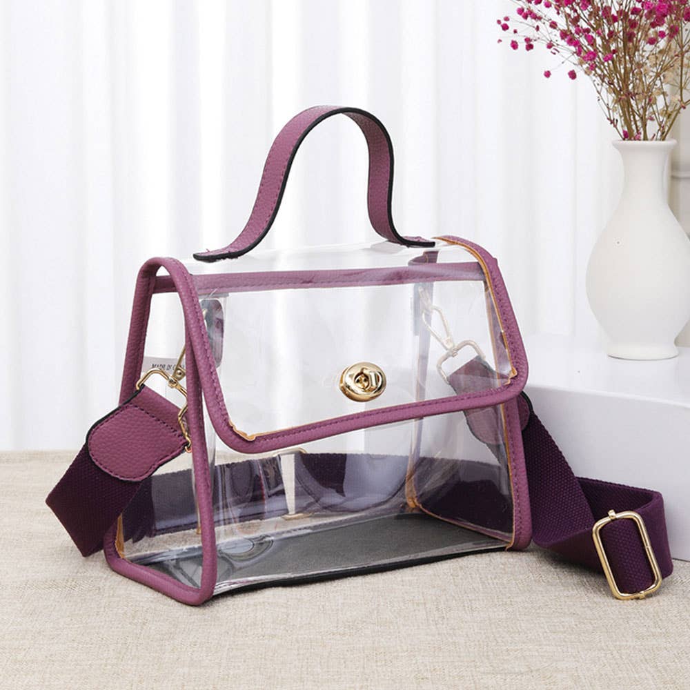 Transparent Top Handle Flap Crossbody Bag: Clear,Red