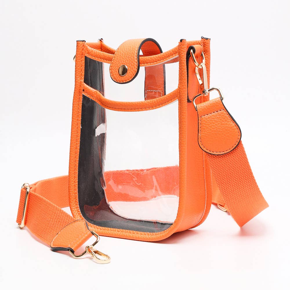 Solid Faux Leather Transparent Crossbody Bag: Clear,Orange