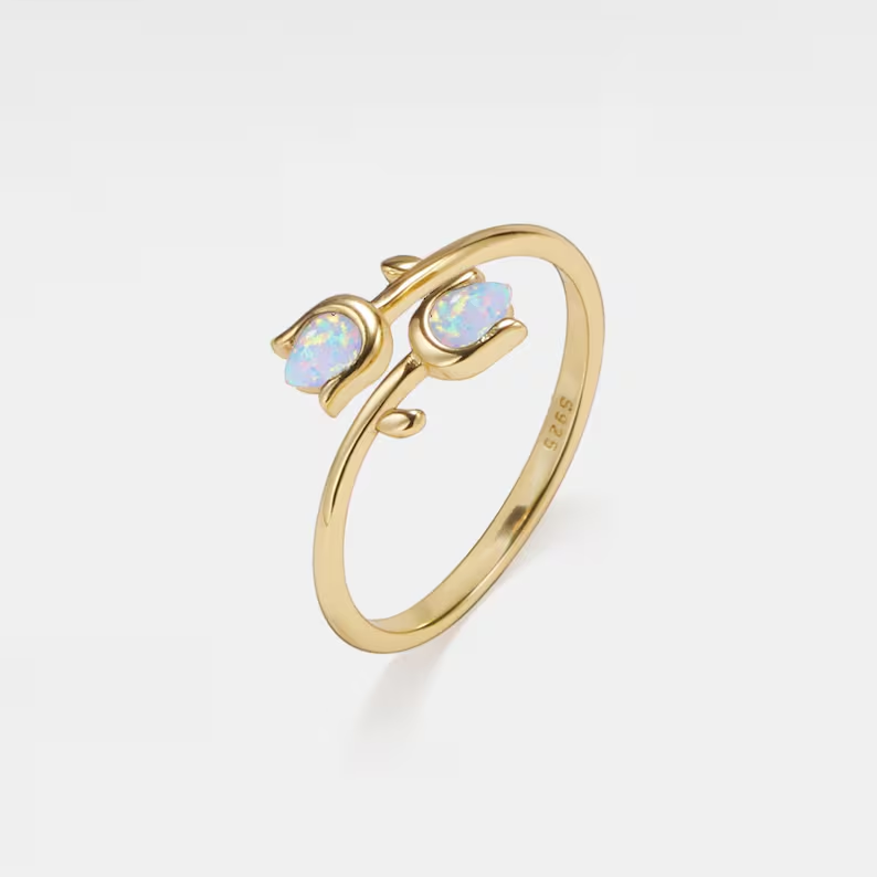 Opal Tulip Flower Bypass Ring in 925 Sterling Silver: Gold