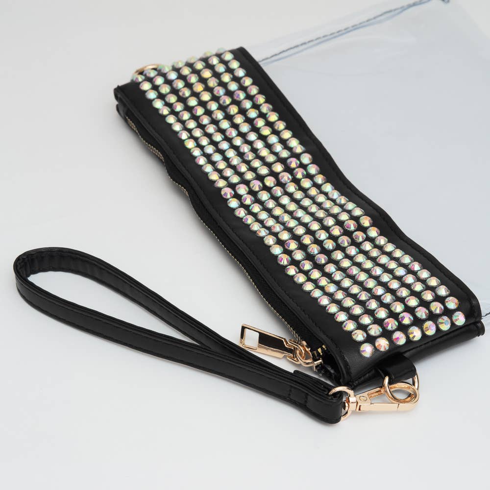Bling Studded Flat Transparent Crossbody Bag with Wristlet
: Black